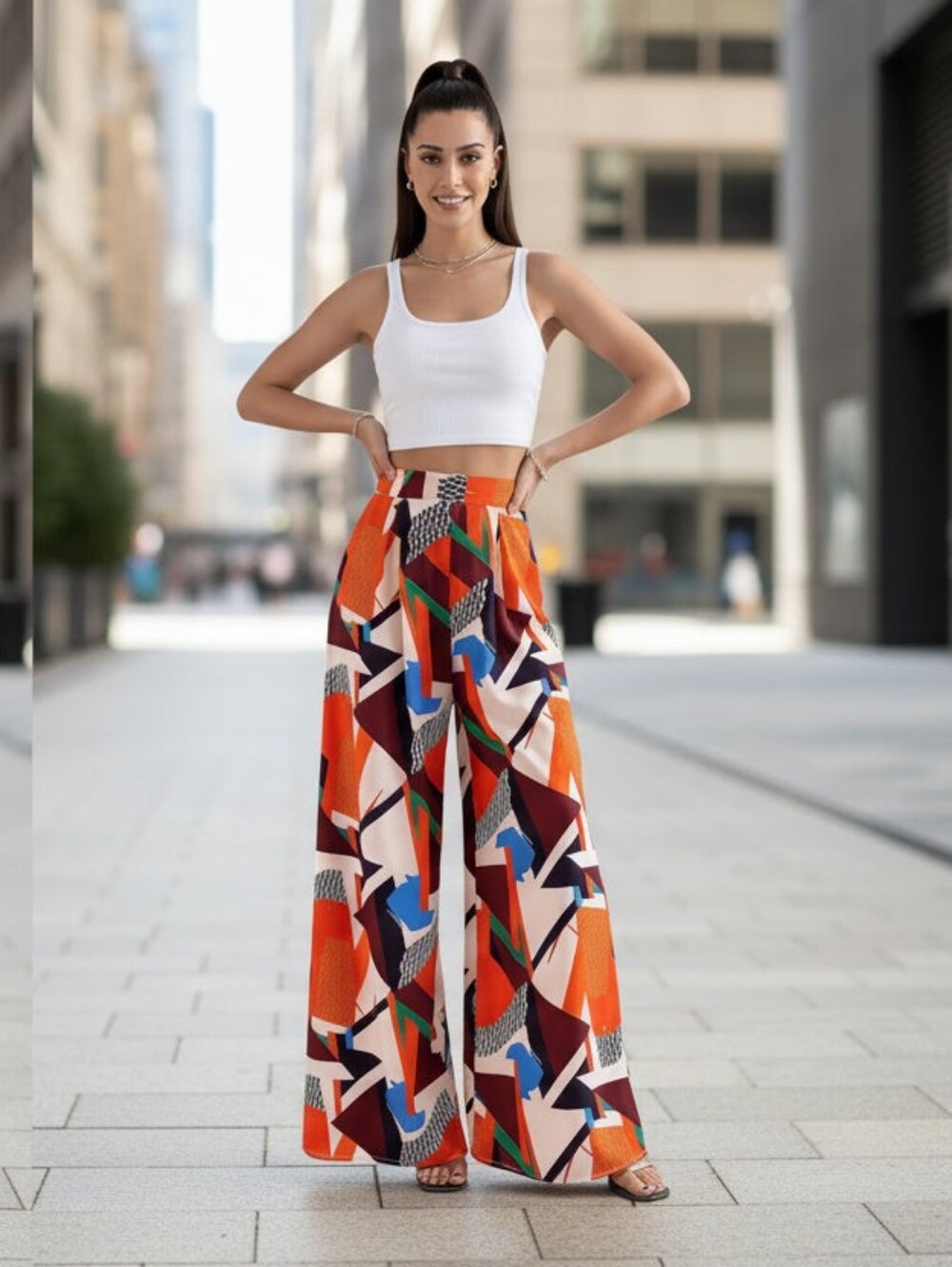 Shein Geometric Abstract Print Wide-Leg Palazzo Pant